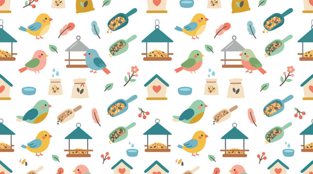 Nature and Animal Care Flat Design Seamless Pattern with Cute Cartoon Birds, Feeders, Seeds, Houses