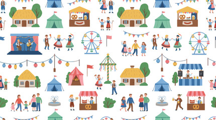 Naklejka premium German Oktoberfest Folk Festival Flat Illustration Seamless Pattern with People, Stalls, Attractions, and Traditional Houses