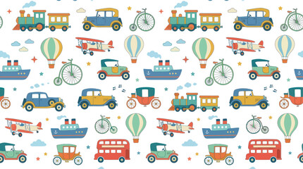 Naklejka premium Cute Flat Design Transportation Vehicles Seamless Pattern for Kids with Vintage Cars, Trains, Airplanes, Boats.