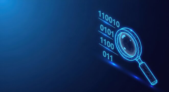 Futuristic digital binary code stream with glowing technological interface on a dark blue background
