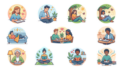 Fototapeta premium Diverse people practicing self care journaling meditation and reading for mental wellness and stress relief