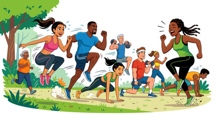 Naklejka premium Vibrant 2D illustration of a diverse group doing fitness activities in a public park