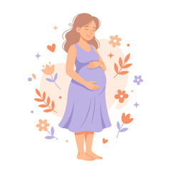 Fototapeta premium Cheerful Pregnant Woman in a Purple Dress with Soft Floral Background Flat Illustration