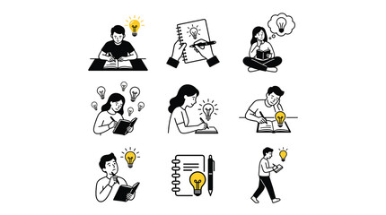 Obraz premium Diverse individuals engaged in learning, creative thinking, and problem solving with lightbulb ideas symbolizing innovation and mental clarity
