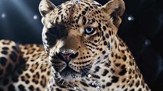 Stunning close-up portrait of a leopard with piercing blue eyes and rosette patterned fur