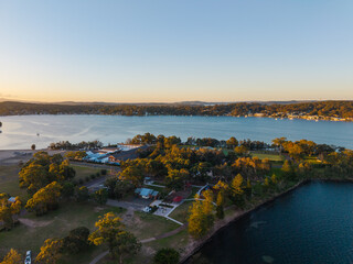 Obraz premium Beautiful aerial view of Lake Macquarie area at sunset time, NSW, Australia.