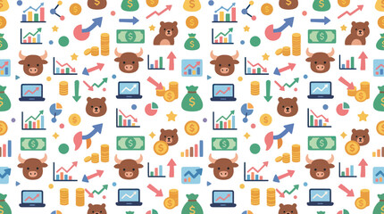 Fototapeta premium Stock Market Bull and Bear Financial Pattern with Business Growth and Investment Flat Design Icons