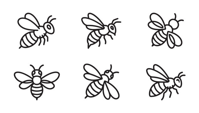 Set of linear bee icons showing different flight positions and poses with honeybee bumblebee wildlife pollinator collection minimalist illustration entomology iconography