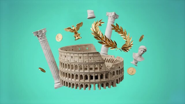 A creative 3D rendering featuring Italy's historic Colosseum surrounded by floating white marble columns, a golden laurel wreath, an eagle statue, and ancient coins against a clean cyan backdrop. Grea