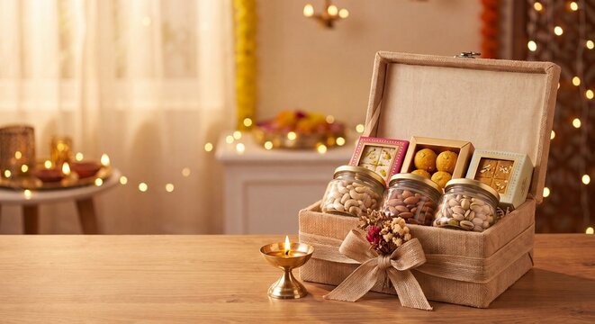 Festive Diwali gift hamper box filled with dry fruits and sweets laddoo next to a lit brass diya lamp on a wooden table with warm bokeh background and copy space