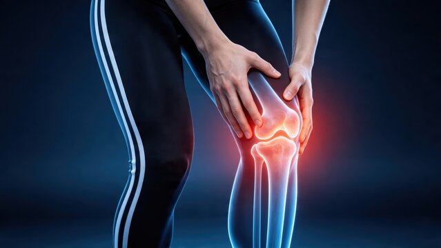 Medical illustration of human knee joint pain and injury, glowing red bone structure overlay on athlete leg