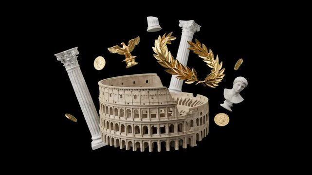 A majestic 3D composition featuring iconic symbols of Ancient Rome, including the Colosseum, golden laurel wreath, marble columns, Roman eagle, and coins floating on a dark black backdrop. Great for h