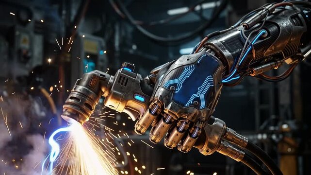 Bionic robotic arm performs precision welding with glowing blue plasma torch in modern industrial facility
