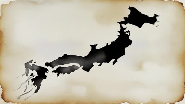 Japan Island Silhouette in Traditional Japanese Ink Wash Painting Style &ndash; Sumi-e Brushstroke Animation