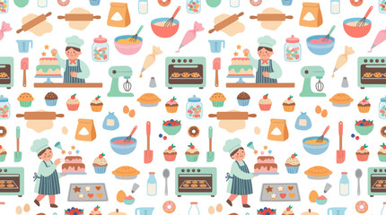 Naklejka premium Baking Seamless Pattern with Chefs, Cakes, Ovens, and Kitchen Tools