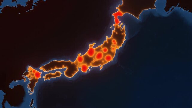 Animated Heat Map Visualization of Japan Island Silhouette &ndash; Warm Orange and Red Glowing Hotspots
