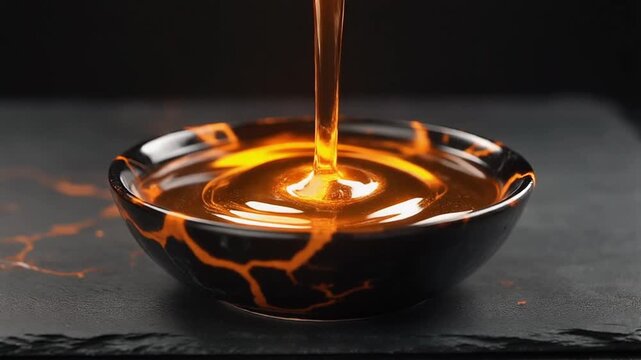 Slow Motion Pouring of Thick Golden Honey into a Luxurious Black and Gold Marble Bowl