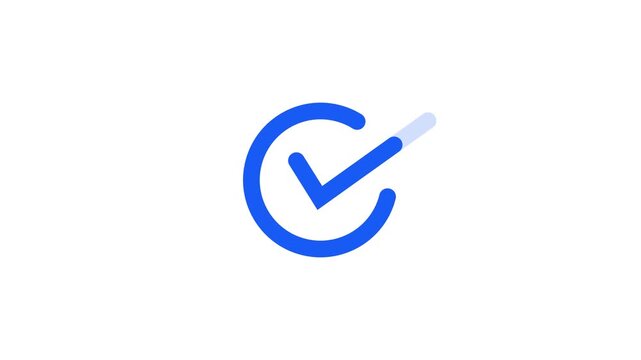 Minimalist blue checkmark animation forming from rotating circular path on white background representing progress and successful completion.