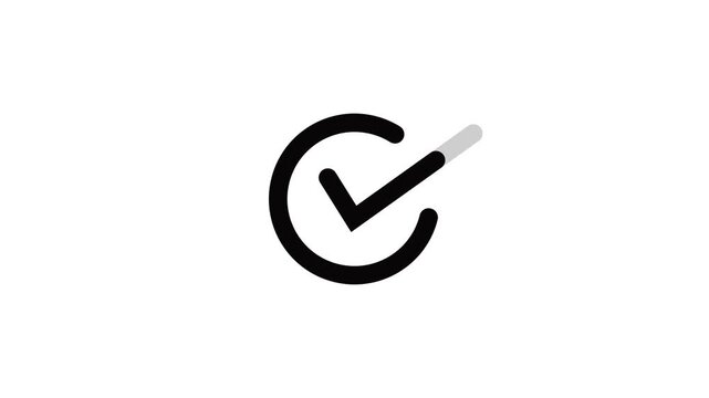 Minimalist graphic animation showing loading progress circle transforming into successfully completed checkmark icon on clean white background.