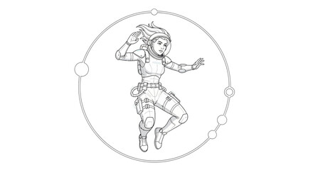 Fototapeta premium Astronaut Woman Floating in Space, Sci-Fi Character, Futuristic Design, Cosmic Art
