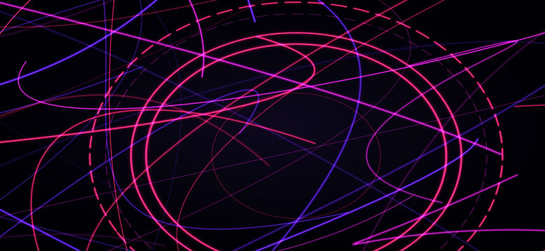 Purple pink neon orbital circle dashed line texture. Dark glowing chaotic geometric intersection, modern abstract scifi mood. Striking presentation background, tech promo banner. 3d render.