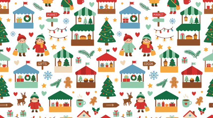 Fototapeta premium Christmas Winter Holiday Market Flat Vector Seamless Pattern with Festive Stalls, Children and Trees