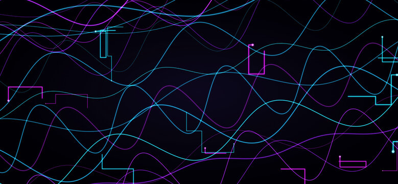 Blue purple neon sine wave circuit node grid line texture. Glowing complex data network, dark abstract futuristic tech mood. Dynamic cybersecurity presentation, coder wallpaper. 3d render.