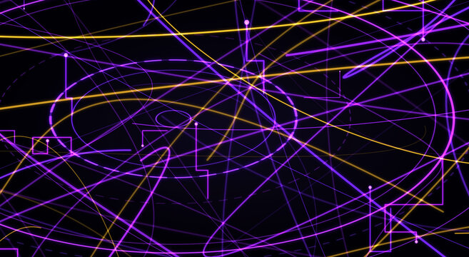Purple gold neon grid target circle orbit line texture. Complex geometric geometric intersection, abstract futuristic cyber tech mood. Striking astronomical poster, scifi book cover. 3d art.