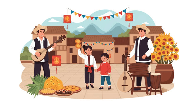Flat vector illustration of an Asian family celebrating a harvest festival in a village courtyard with musicians playing a lute and drum, lanterns, sunflowers, and traditional food.