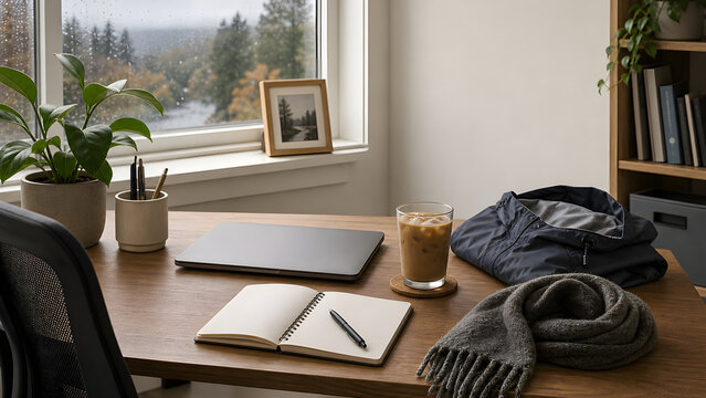 Home office desk arranged for hybrid work through changing seasons