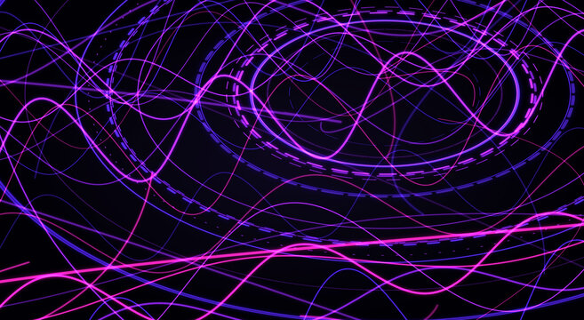 Purple pink neon dashed ellipse curve line texture. Glowing dark chaotic orbit wireframe, abstract futuristic cyber mood. Excellent video game loading screen, tech web banner. 3d render.