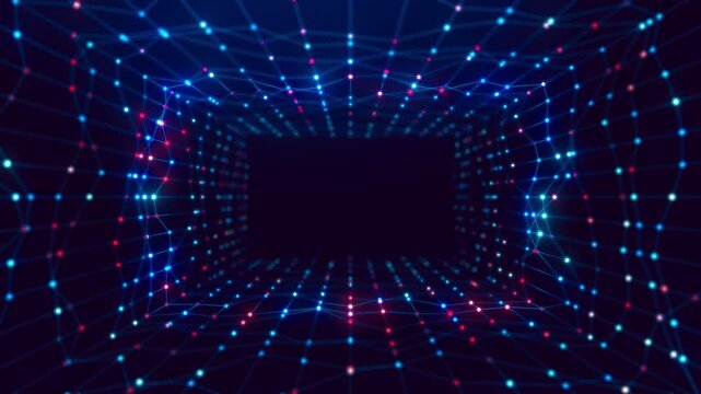Abstract rectangular wireframe tunnel animation featuring glowing blue, violet and red nodes, smooth backward camera movement, parallax depth and futuristic technology visuals.