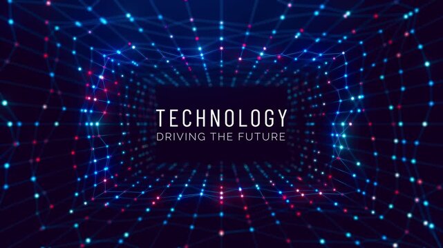 Smooth backward camera movement through a glowing network tunnel with parallax depth effect and Technology Driving The Future text reveal, creating a futuristic motion background.