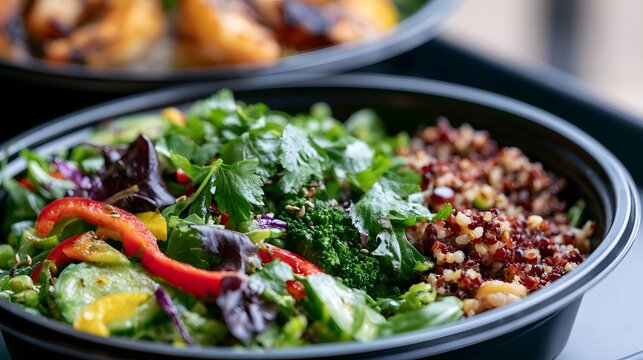 An elegant sparkling takeaway salad and grains dish is presented in a detailed low angle shot emphasizing fresh ingredients and refined textures