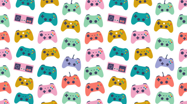 Seamless Pattern of Colorful Video Game Controllers, Retro Gaming Technology