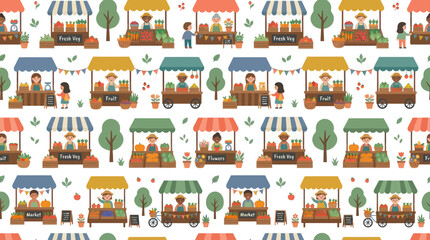 Naklejka premium Cute Flat Illustration Seamless Pattern of Farmers Market Stalls with Vendors, Customers, Fruits, and Vegetables