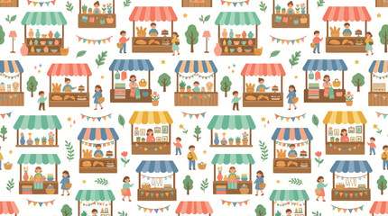 Naklejka premium Vibrant Flat Illustration Seamless Pattern of a Lively Local Market with Diverse Stalls, Vendors, and Shoppers