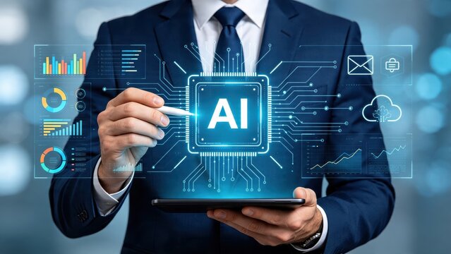 Artificial intelligence chip technology concept, businessman holding tablet with AI processor graphic, neural network circuit board, machine learning algorithm, big data analytics