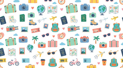 Fototapeta premium Colorful Flat Design Travel and Tourism Vector Seamless Pattern with Vacation Journey and Adventure Icons