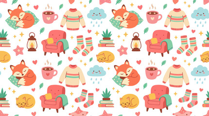 Fototapeta premium Cozy Autumn Pattern: Sleeping Foxes, Cats, Sweaters, Tea, Armchairs, Socks