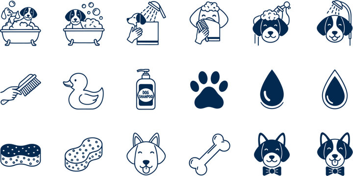 Dogs are bathed and fed in a bathroom with accessories.