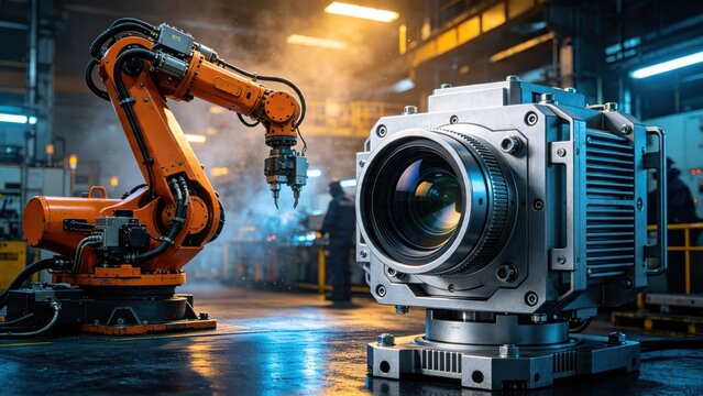 Industrial robotic arm paired with high-resolution machine vision camera in modern factory setting, automation excellence, precision manufacturing, quality inspection system
