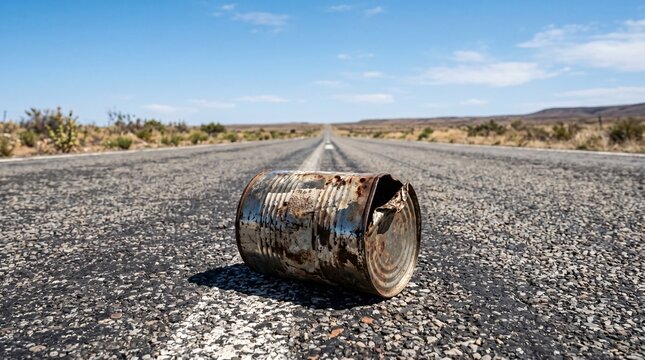 Procrastination Concept, Dented Tin Can Resting on a Long Empty Asphalt Road