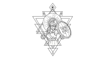 Fototapeta premium Geometric Spartan Warrior with Shield and Helmet, Sacred Geometry Symbolism