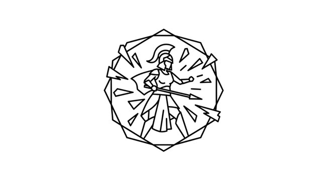 Geometric Warrior Woman with Spear Breaking Through Crystal Frame, Ancient Greek Goddess Athena Line Art