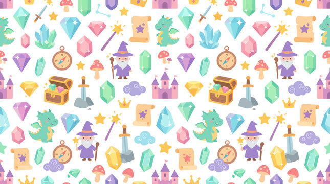 Cute Fantasy Magic World Seamless Pattern with Flat Cartoon Wizards, Dragons, Castles, Gems, and Treasure