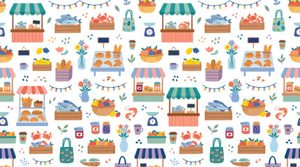 Fototapeta premium Flat Style Seamless Pattern of Market Stalls with Food, Fish, and Flowers