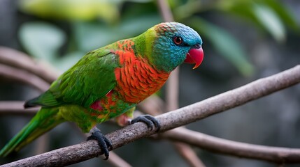 Obraz premium A colorful parrot is dynamically perched on a branch showcasing intricate patterns and rich colors that convey warmth and comfort