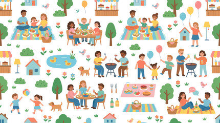 Naklejka premium Flat Vector Illustration of Family Picnics and Outdoor Summer Fun: BBQ, Children Play, Park Leisure Seamless Pattern