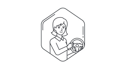 Fototapeta premium Woman Driving Car Steering Wheel Icon, Female Driver, Transportation Concept Line Art
